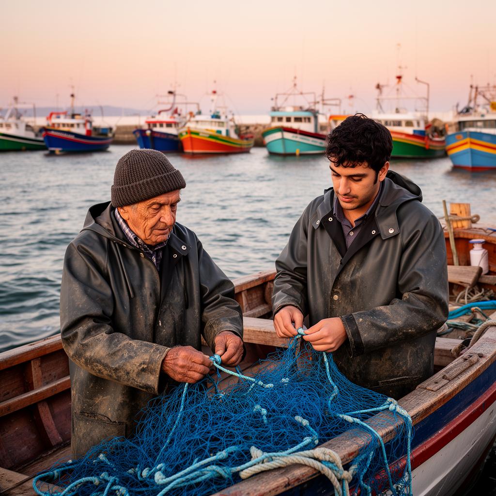 Pescadores portugueses a remendar redes ao amanhecer no porto
