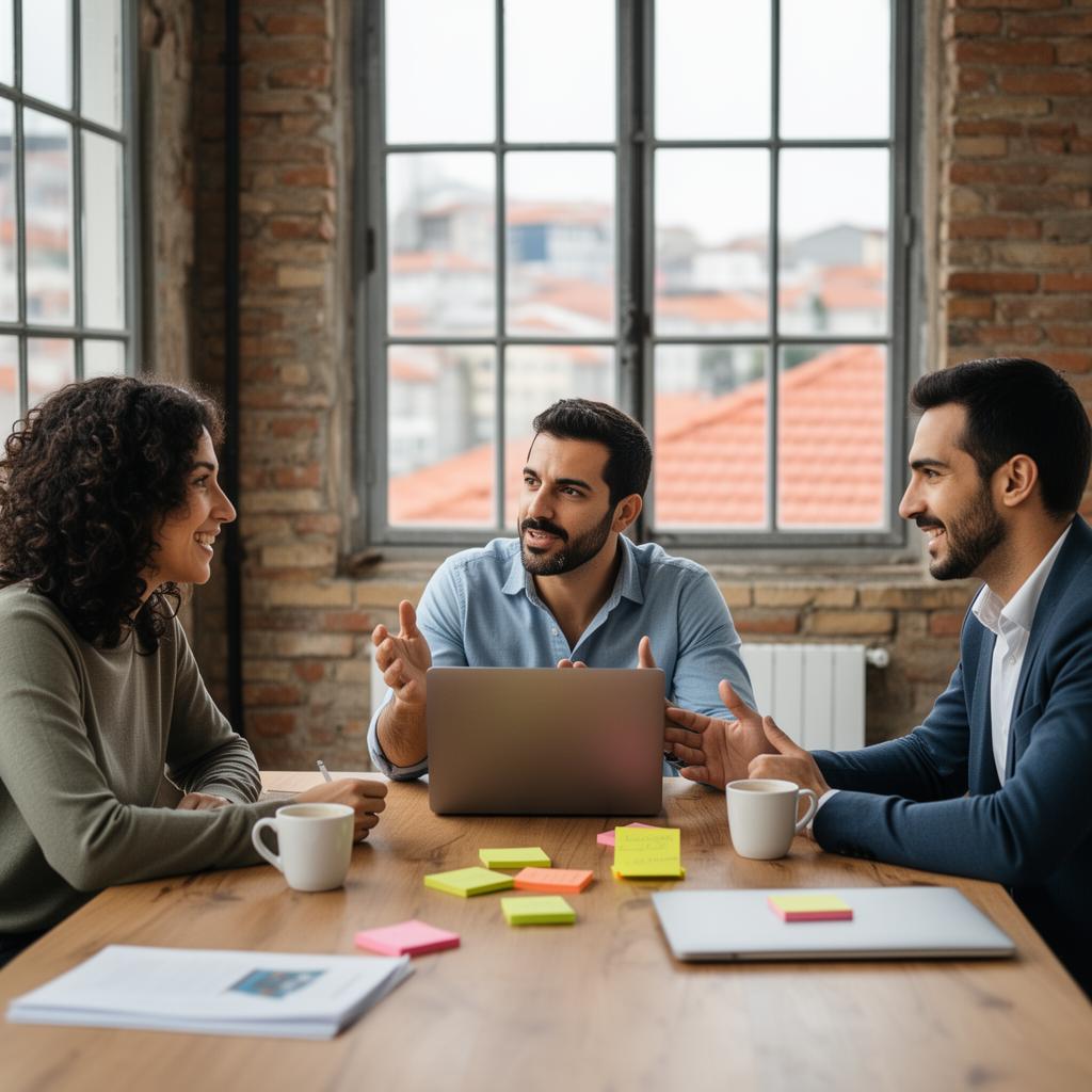 Equipa de startup portuense numa reunião num escritório com paredes de tijolo